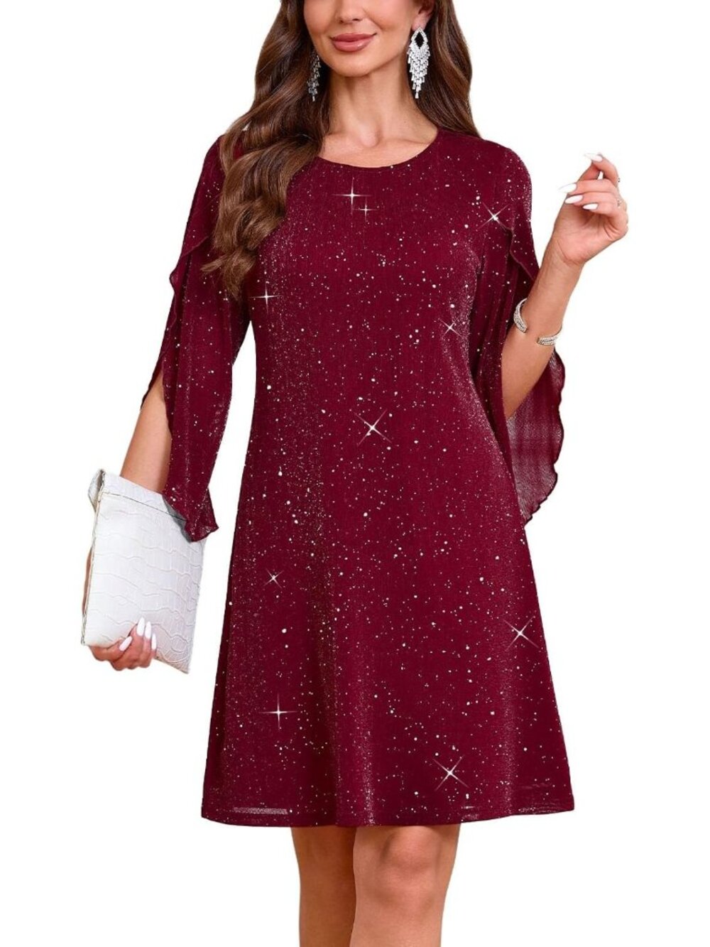 Women's Sparkly Wine Red 2026 Flutter Sleeve Cocktail Wedding Guest Short Dress